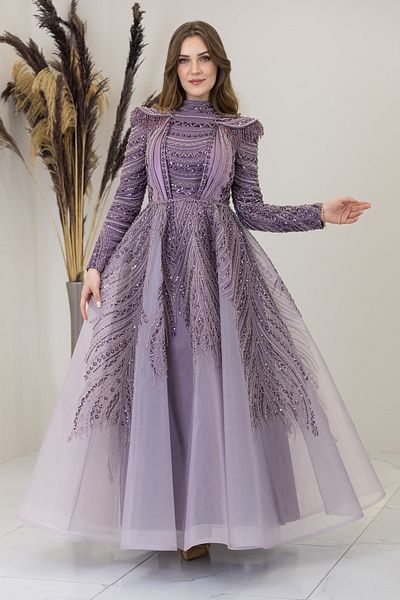 PİENNAR Draped Front Shoulder Beaded Padded Lion Evening Dress