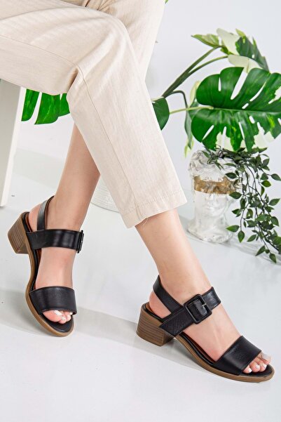 ANALİN SHOES Sandale de damă cu curea groasă cu cataramă - piele neagră