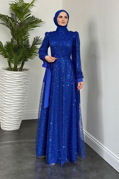 MERVEN AKYÜZ Βραδινό φόρεμα Hilly Sleeves Bow Satin Sax