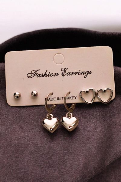 EUROMODA 3-Piece Earring Set with Ball Earrings - Heart Design