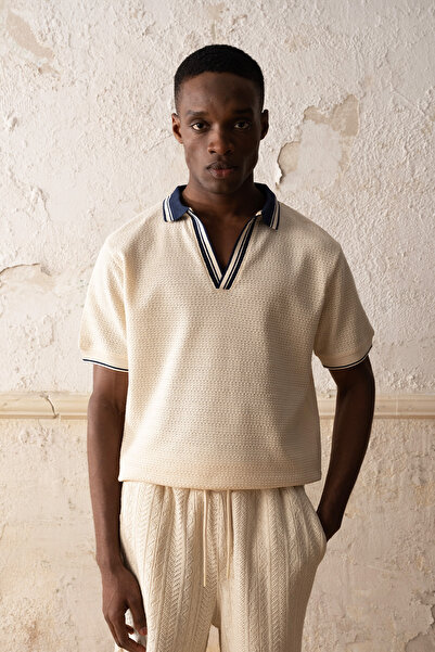 GIESTO Смугаста футболка з коміром-стійкою темно-синього кольору