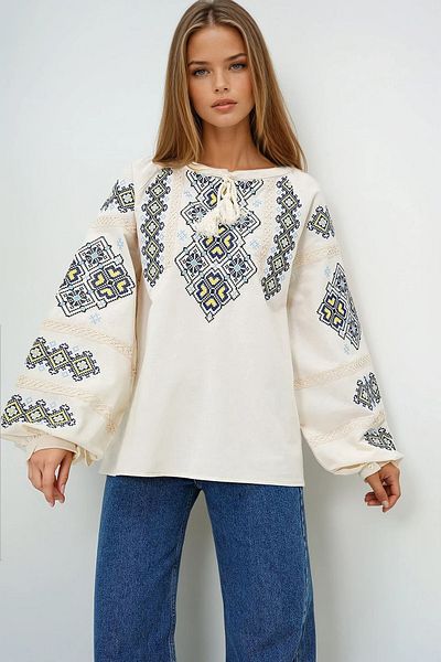 VAGGON Women's Cream Collar Lace up Balloon Sleeve Embroidered Linen Blouse Prmx13718