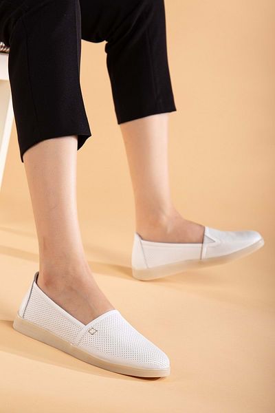 ANALİN SHOES White Genuine Leather Women's Casual Comfort Shoes