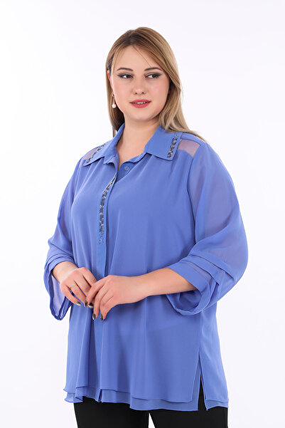 KİFAYET Büyük Beden (50-56) Gömlek Yaka Taş Şerit Detaylı Tül Omuzlu Çift Şif...