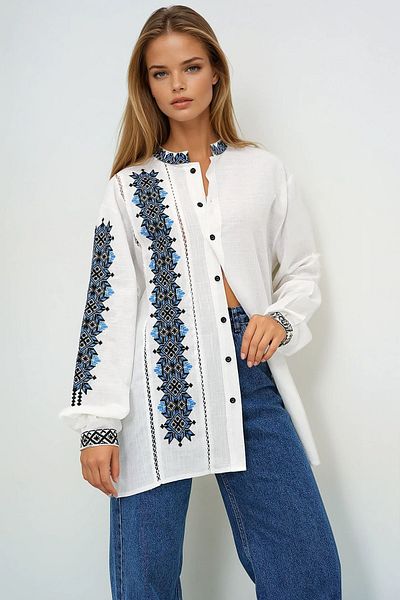 VAGGON Women's Ecru Judge Collar Embroidered Linen Shirt Prmx13716
