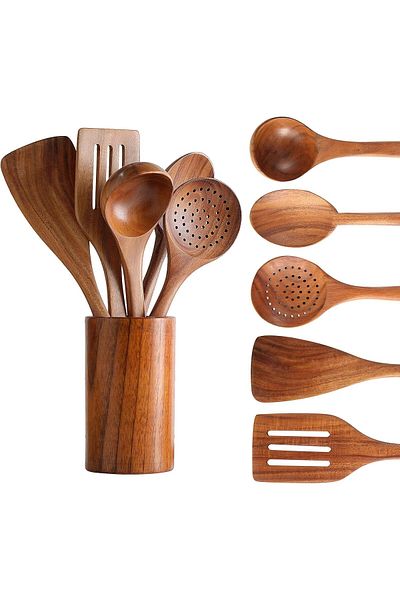COOYA Wooden Kitchen Utensils Set, 6Pcs Natural Teak Wooden, for Non-stick Pan