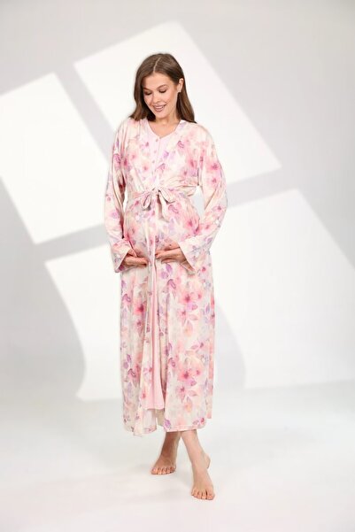 Pelin Kadın Çiçek Desenli Pembe Lohusa Hamile Gecelik Sabahlık Takım