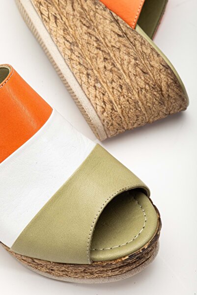 ANALİN SHOES Γυναικείες παντόφλες με τακούνι από γνήσιο δέρμα Πράσινο/Λευκό/Πορτοκαλί