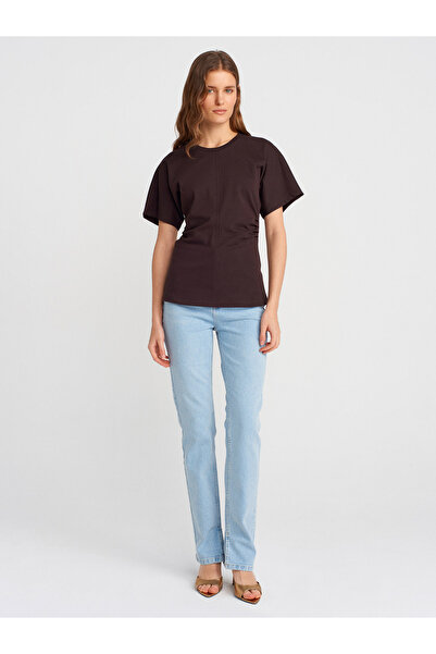 Dilvin 31585 Λεπτομερές μπλουζάκι ντραπέ-Σκούρο καφέ