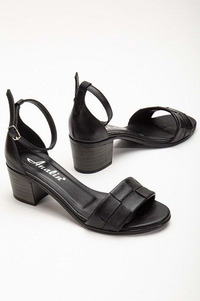 ANALİN SHOES Piele naturală neagră - Sandale de damă cu toc cu curea la gleznă