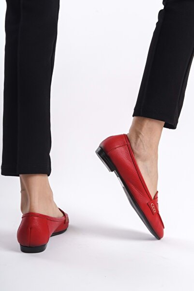 ANALİN SHOES Kadın Hakiki Deri Saraçlı Rahat Babet Kırmızı