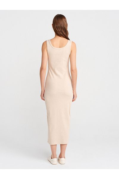 Dilvin 91382 Rochie midi cu detaliu cu nasturi-Bej Melange