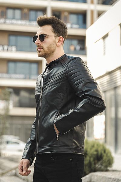 Oksit Δερμάτινο ανδρικό παλτό Oresto Extra Slim Fit με φλις εσωτερικά και ραφές μπροστά στο στήθος