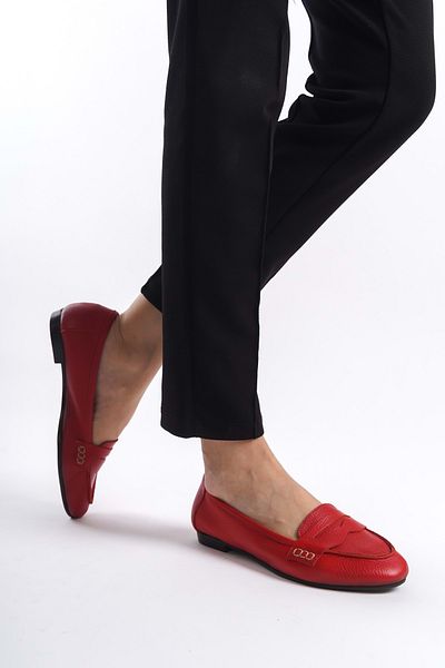 ANALİN SHOES Red Genuine Leather Saddled Comfortable Women's Ballerinas