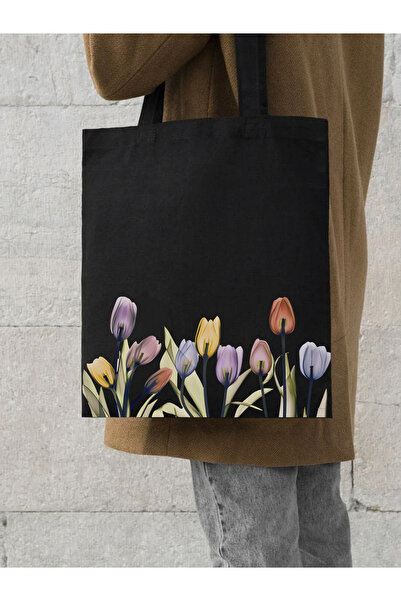 Cemira Lale Tasarım Çiçekli Siyah Kanvas Kalın Tote Bag Bez Çanta, y2k Pinter...