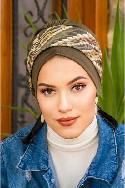 Aişe tesettür Ecru Khaki Patterned Bonnet