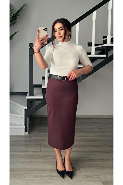 Oslove Plum Premium Midi Length Slit Pencil Skirt