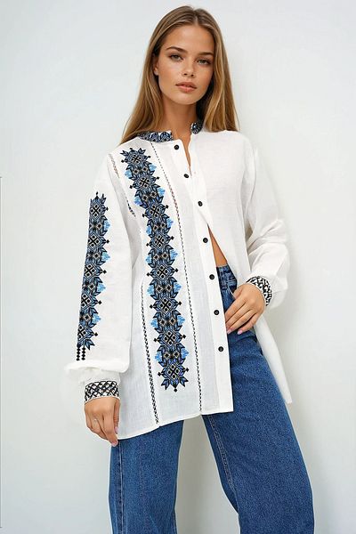VAGGON Women's Ecru Judge Collar Embroidered Linen Shirt Prmx13716