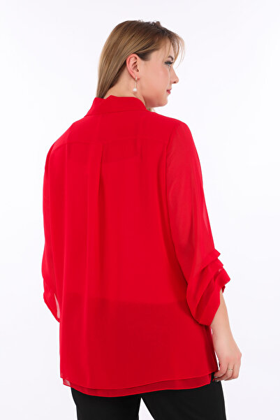 KİFAYET 23015 Yaka Ucu ve Ön Patı Taşlı 3/4 Kol Şifon Gömlek (C101)