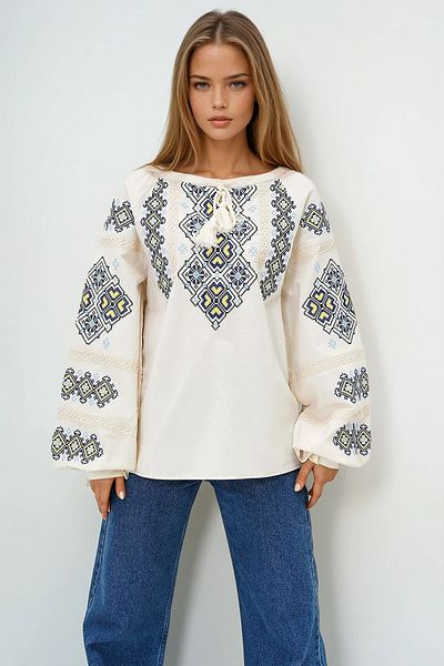 VAGGON Women's Cream Collar Lace up Balloon Sleeve Embroidered Linen Blouse Prmx13718