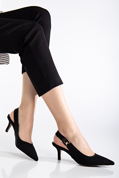 Dilimler Ayakkabı Large Size Women's Heeled Shoes Black Satin Material Stone Buckle