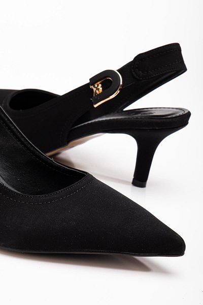 Dilimler Ayakkabı Large Size Women's Heeled Shoes Black Satin Material Stone Buckle