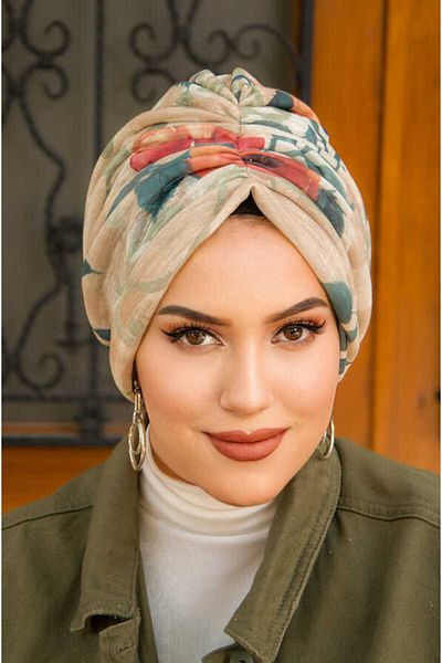 Aişe tesettür الضوء البيج الكاكي زهرة نمط مشبك بونيه