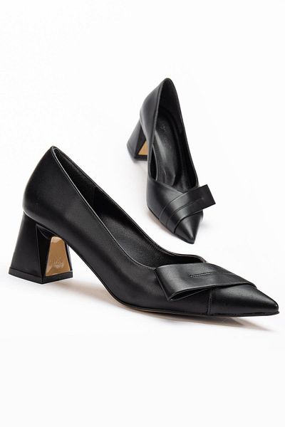 Dilimler Ayakkabı Women's Heeled Shoes Black Side Bow Thick Heeled
