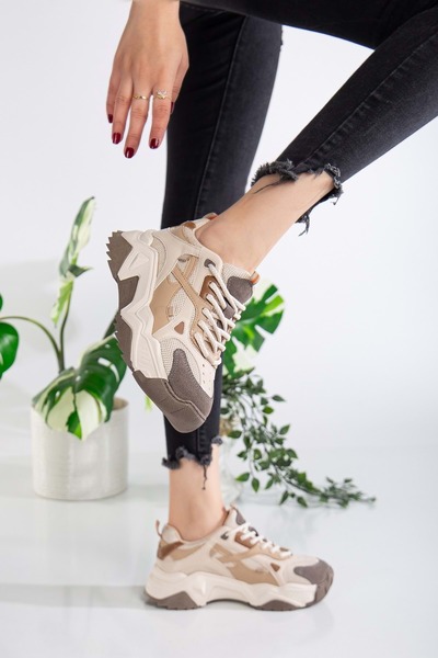 ANALİN SHOES Pantofi sport cu siret pentru femei cu talpa inalta - Bej-Brown