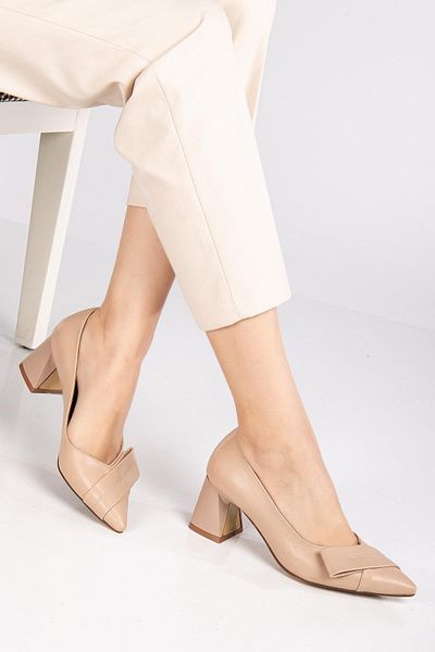 Dilimler Ayakkabı Women's High Heels - Nude Side Bow Thick Heels