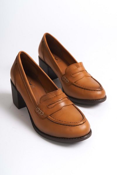 ANALİN SHOES حذاء نسائي بكعب كلاسيكي من الجلد الطبيعي - سادل تان