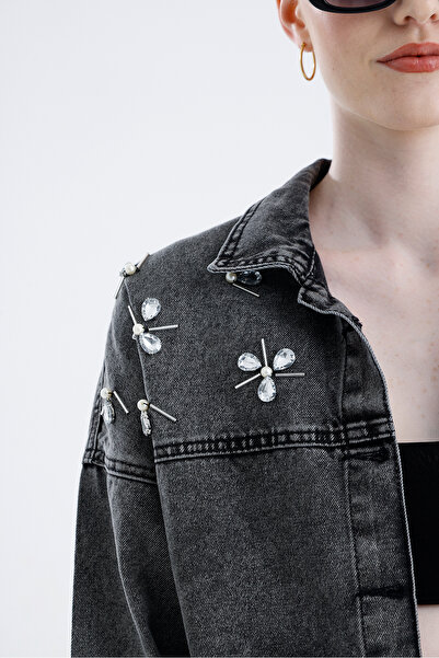 For Angels Double Pocket Jeans Jacket with Stones on the Shoulder