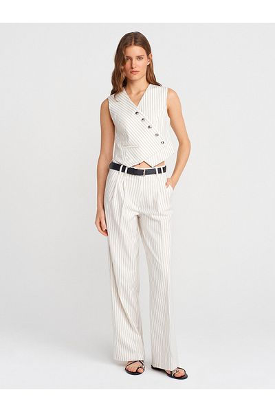 Dilvin 71620 Belted and Wide Leg Fabric Trousers-White
