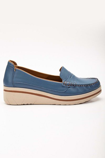 ANALİN SHOES Loafer confortabil cu toc cu pană din piele naturală - albastru denim