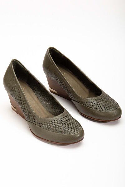 ANALİN SHOES Green Genuine Leather Honeycomb Printed Wedge Heel Women's Shoes