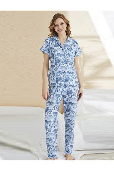 JENİKA Set pijama de damă, alb, albastru, cu modele florale, cu nasturi