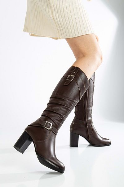 ANALİN SHOES Γυναικείες μπότες με τακούνι από γνήσιο δέρμα με αγκράφα - καφέ