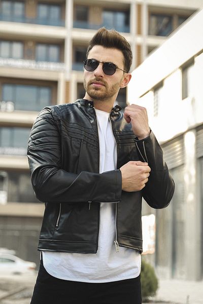 Oksit Δερμάτινο ανδρικό παλτό Oresto Extra Slim Fit με φλις εσωτερικά και ραφές μπροστά στο στήθος