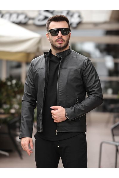BASEL.CO Ανδρικό εποχιακό μπουφάν Premium Carbon Leather Slim Fit New Season