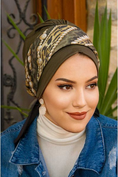 Aişe tesettür Ecru Khaki Patterned Bonnet