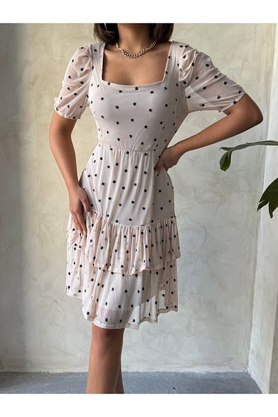 Miss Allos Γυναικείο φόρεμα σιφόν με κοντό μανίκι με λουλουδάτο γιακά