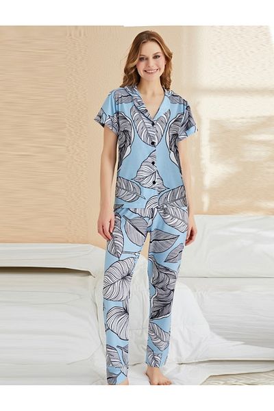 JENİKA Set pijama de damă cu nasturi cu model de frunze albastre