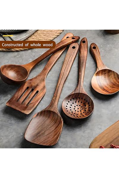 COOYA Wooden Kitchen Utensils Set, 6Pcs Natural Teak Wooden, for Non-stick Pan