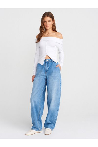 Dilvin 71795 Stonewashed Balloon Denim Pants-Blue