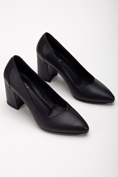 ANALİN SHOES Темно-сині жіночі туфлі з натуральної шкіри на товстих підборах