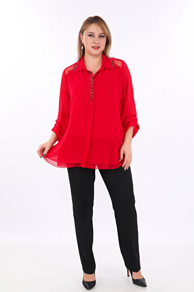 KİFAYET 23015 Yaka Ucu ve Ön Patı Taşlı 3/4 Kol Şifon Gömlek (C101)