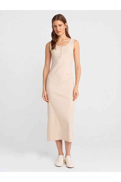 Dilvin 91382 Rochie midi cu detaliu cu nasturi-Bej Melange