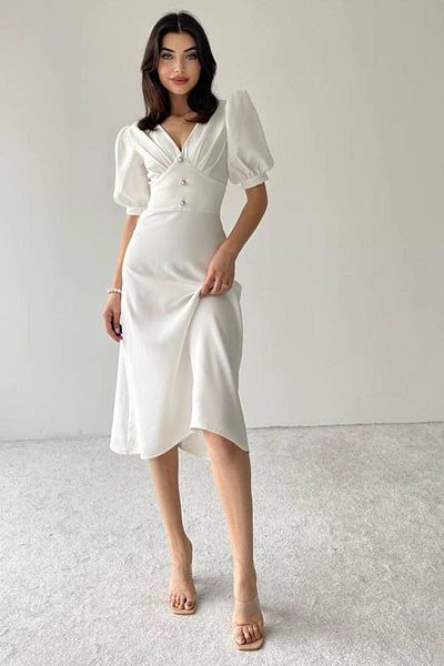 lovebox Rochie midi albă cu decolteu în V cu mâneci tip balon - Croi evazat, țesătură Atlas 153