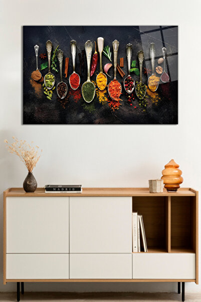 Vitrovelo Rengarenk Baharatlar ve Kaşıklar Soyut Cam Tablo, Darbelere Dayanık...