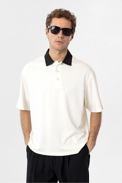 Antioch Ecru Contrast Collar Interlock Textured Men's T-Shirt